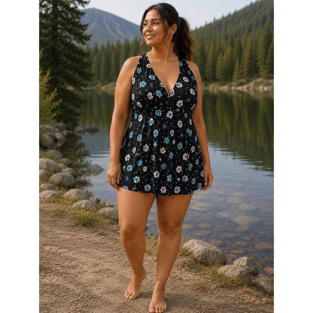 Bloomchic Swim Dress‎ Women 30 Black Blue Floral Polka Dot A-Line Retro Modest